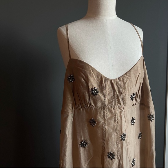 H&M Edition Dark Tan Sheer Embellished Slip Dress - Picture 3 of 15